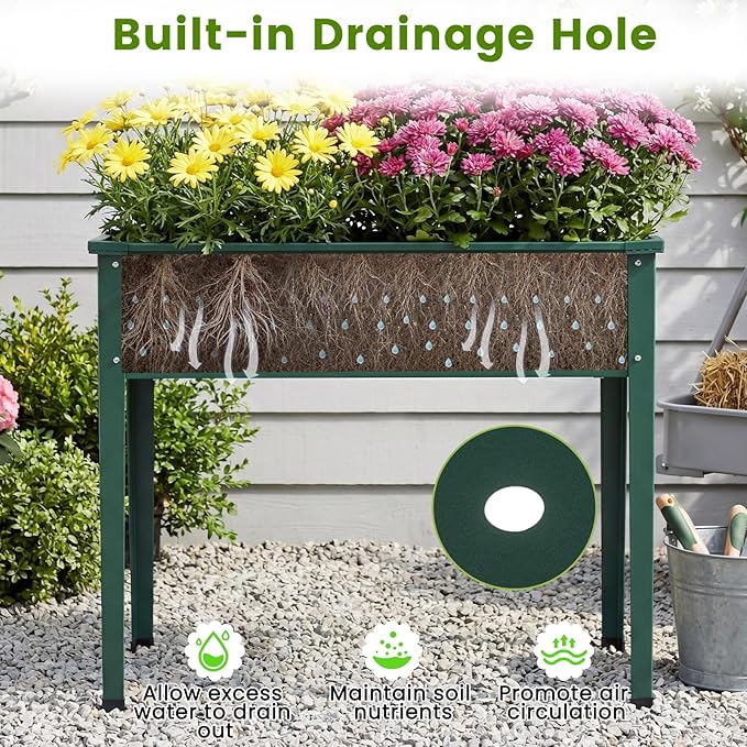 HAPPYGRILL Raised Garden Bed, 31.5” Elevated Planter Box w/Legs, Drainage Hole, Hemming Design, Metal Garden Box for Vegetable Herb, Outdoor Raised Beds for Gardening, Backyard Porch Balcony, Green