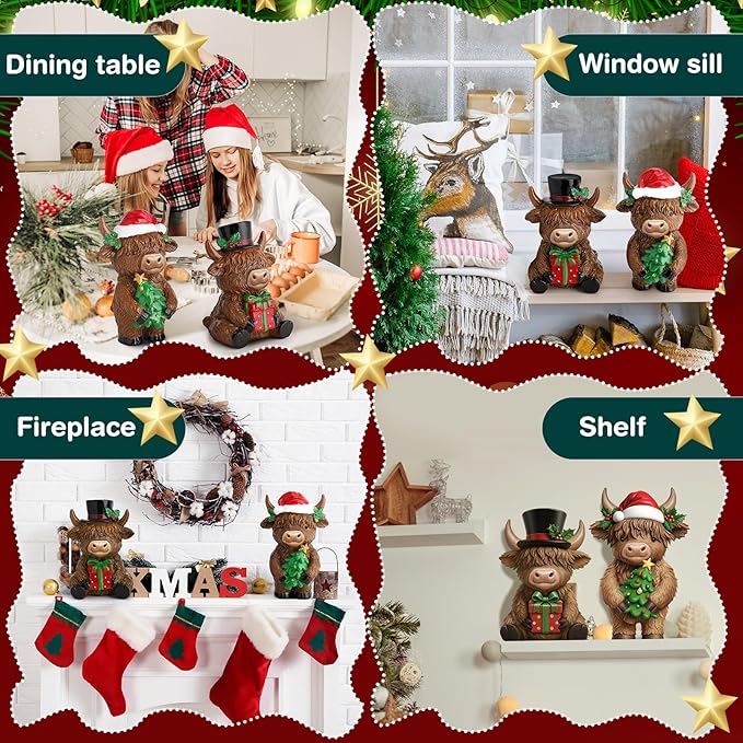 Simgoing 2 Pack Christmas Highland Cow Figurines Highland Cow Statues with Santa Hat Resin Xmas Figurine Merry Christmas Table Decoration for Winter Holiday Farmhouse Tiered Tray Garden Home Gift