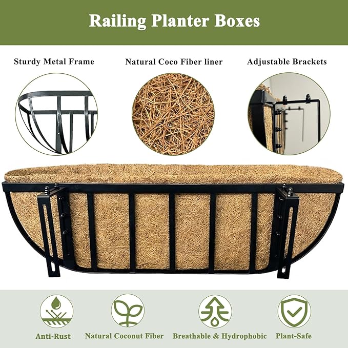 24 Inch Railing Planter Boxes 2 Pack Metal Window Box Planters with Coco Coir Liners, Horse Trough Planter with Adjustable Brackets for Deck Balcony Fence Porch Patio Outdoor Garden, Black