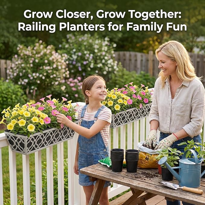 HFHOME 4 Pack 24 Inch Railing Planter Boxes with Adjustable Brackets & Non-Woven Fabric Liner Adjustable Gray Metal Window Box Planter for Balcony Deck Fence, Hanging Flower Basket for Outdoor Garden