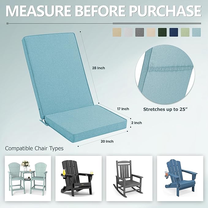 Adirondack Chair Cushion - Removable Cover, Water-Repellent & Fade-Resistant Faux Linen, Securing Straps, Non-Slip Bottom, Fit for Most Outdoor Adirondack & Rocking Chairs - Teal