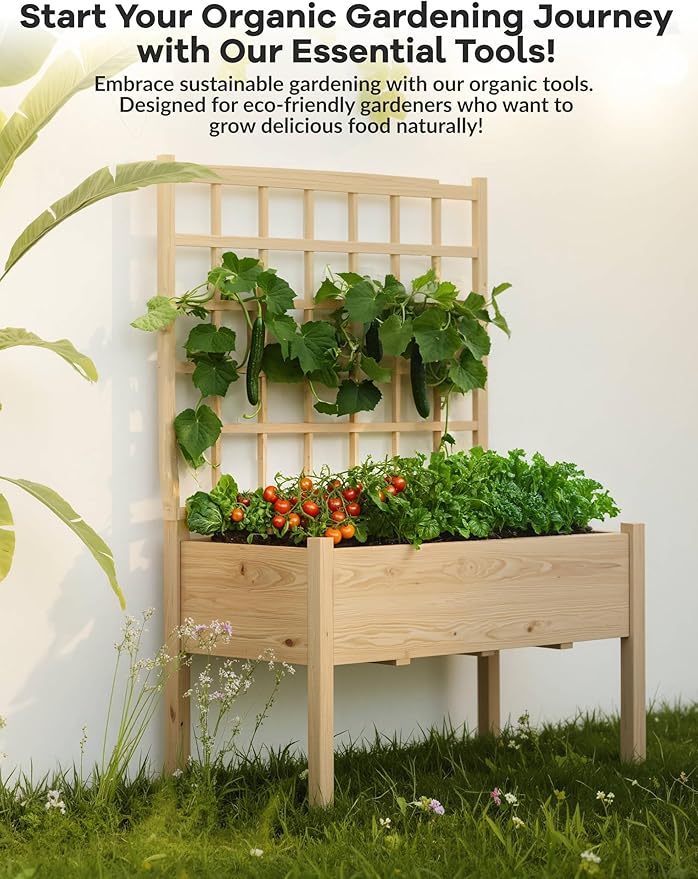 65" Elevated Wooden Raised Garden Bed Planter Box with Trellis, Stand & Waterproof Liner - Large Outdoor Grow Box for Vegetables, Herbs, Flowers on Patio, Balcony, Backyard