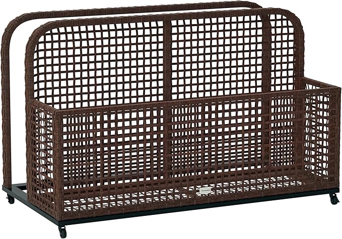 Outsunny Patio Wicker Pool Float Storage with Wheels, Outdoor Rolling PE Rattan Pool Caddy, Includes Compartment and Basket, for Pool, Garden, Deck, Brown