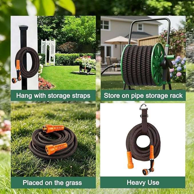 100FT Flexible Garden Hose & 10Modes Nozzle,Lightweight Water Hose,Kink-Free,All-Weather 3/4 in. NoneExpanding Hose for RV,Boat,Car Wash,Garden,Yard,Camper,Outdoor (100Ft,Orange-Black)