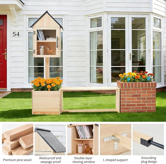 Wooden Little Library Box Outdoor with Bench & Planter Community Book Exchange Box Solid Pine Wood DIY Neighborhood Share Box Ground Mount Kit for Garden Decor, School