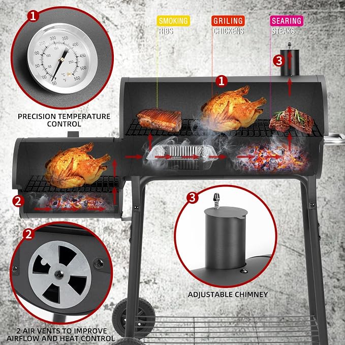 Kendane Barrel Charcoal Grill with offset smoker,550 Square Inches Cooking Area, Outdoor BBQ Grill with Front Shelf, Perfect for Backyard, Patio Parties and Picnics.