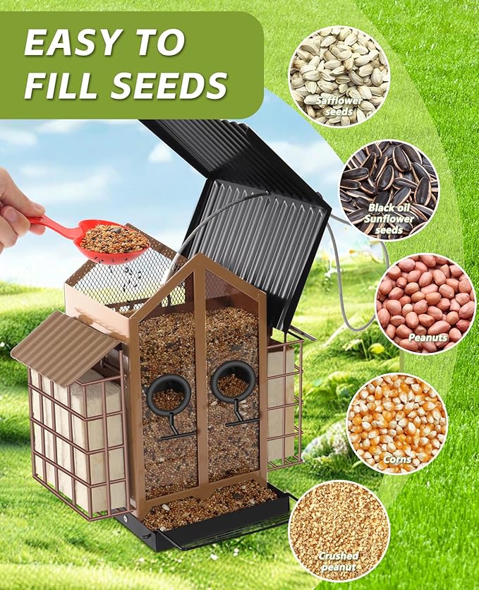 Weatherproof Bird Feeders for Outdoors - 4Lbs Large Metal Suet Feeder for Cardinal Finch, Garden Decor (Khaki)