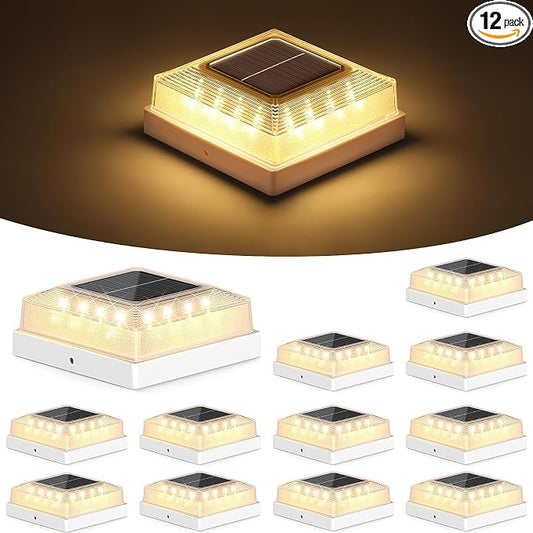Brightever 3.5x3.5 4x4 Solar Post Cap Light Outdoor, 12-Pack Fence Post Solar Lights for Wooden/Vinyl Posts, 3 Lighting Modes, Solar Powered Waterproof Deck Post Lights for Garden Patio, White