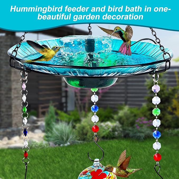 HEADAK LIFE Hummingbird Feeder and Bird Bath for Outdoors 2-in-1 for Small Birds - Hummingbird Bath Fountain with 3 Red Feeder Pots - Hanging Solar Bird Bath Fountains NY1-FN04