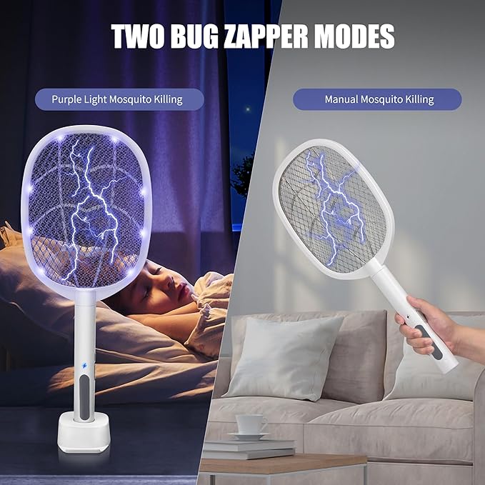 Lulu Home 2-in-1 Electric Bug Zapper Racket, 3000V High Voltage LED Lighted Handheld Mosquito Swatter with 3 Layer Safety Mesh, USB Charging Portable Fly Killer Racquet for Indoor Outdoor Use