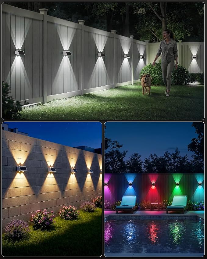Bridika Solar Fence Lights, 8 Pack Up and Down Solar Lights Outdoor Waterproof, 8 Colors Lens LED Dusk to Dawn Wall Lights for Fence, Patio, Deck, Backyard, Garden White