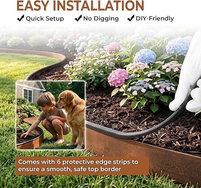 Worth Garden 6-Pack Cor-Ten Steel Landscape Edging with Black Protection Strips - Rust Patina Finish 40" L x 8" H (20Ft Total) - Hammer-in 14-Gauge Metal Corten Lawn Yard Edging Border w/ 7 Clips