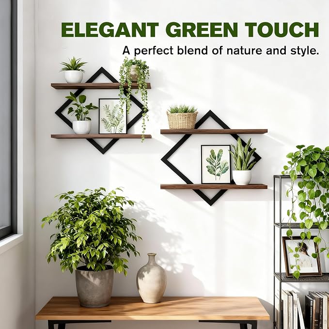 2 Pack Floating Wall Shelves Plant Holders, Brown | For Indoor Plants, Wall Mounted Plant Stand, For Small Plants, Multi-Room Use