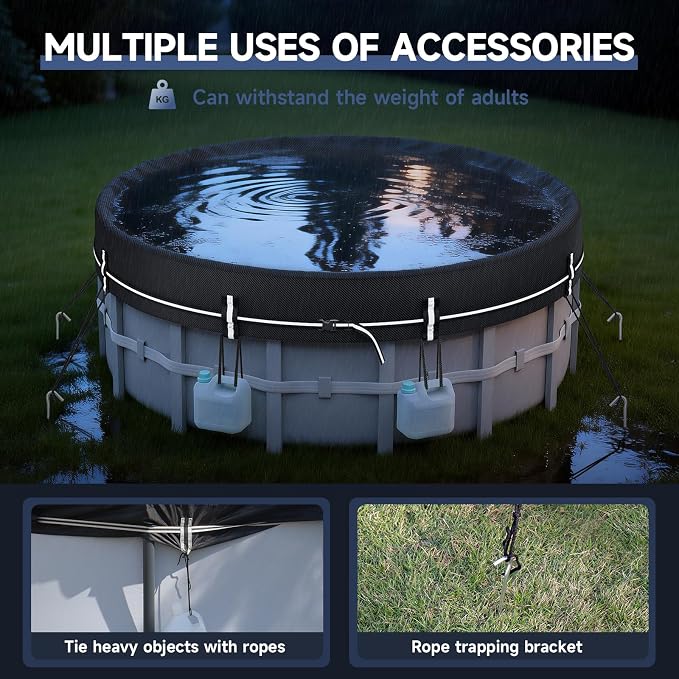 LXKCKJ 15 FT Round Pool Cover for Above Ground Pools, 420D Oxford | Waterproof 10000PA, 100MPH Windproof with 2 buckles and Ground nail set, 634N Tear-Resistant, UPF50+, 95% Evaporation Control