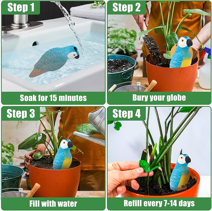4 Pack Terracotta Watering Spikes, Self Watering Globes, Handmade Parrot Plant Watering Bulbs, Automatic Watering Devices for Indoor Outdoor Garden Vacation