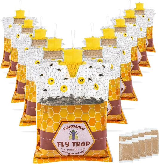 10 Pack Big Fly Traps Outdoor Hanging for Patio, Flies Bags Outdoor Disposable with 50g Bait, Bug Fly Hunter Catcher Killer Control for Barn Horse Ranch Chicken Coop