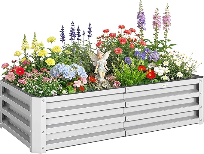 Outsunny Galvanized Raised Garden Bed, 4' x 2' x 1' Metal Planter Box, for Growing Vegetables, Flowers, Herbs, Succulents, Silver