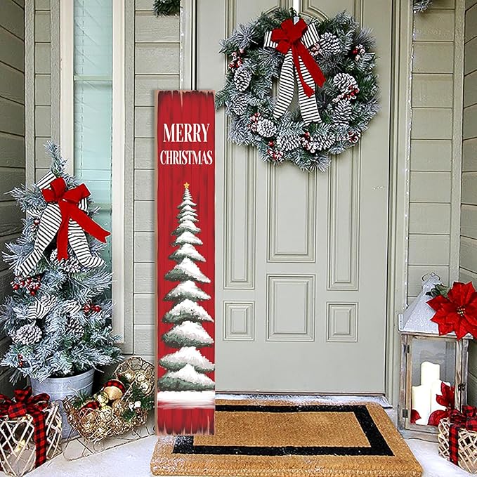 Christmas Porch Sign Christmas Tree Welcome Sign For Front Porch Xmas Snow Red wood grain Home Decor Indoor Outdoor Wooden Vertical Sign For Patio Front Door Porch Wall Yard