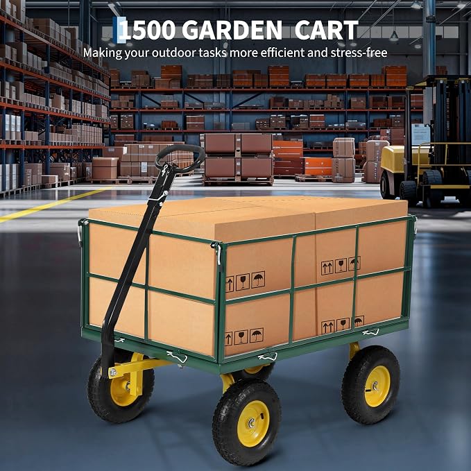 Heavy Duty 1500 Lbs Steel Garden Cart – 3-in-1 Utility Wagon & Trailer with Removable Mesh Sides, 13" All-Terrain Tires, 180° Rotating Handle for Lawn, Yard, Gardening Tasks, Outdoor Hauling