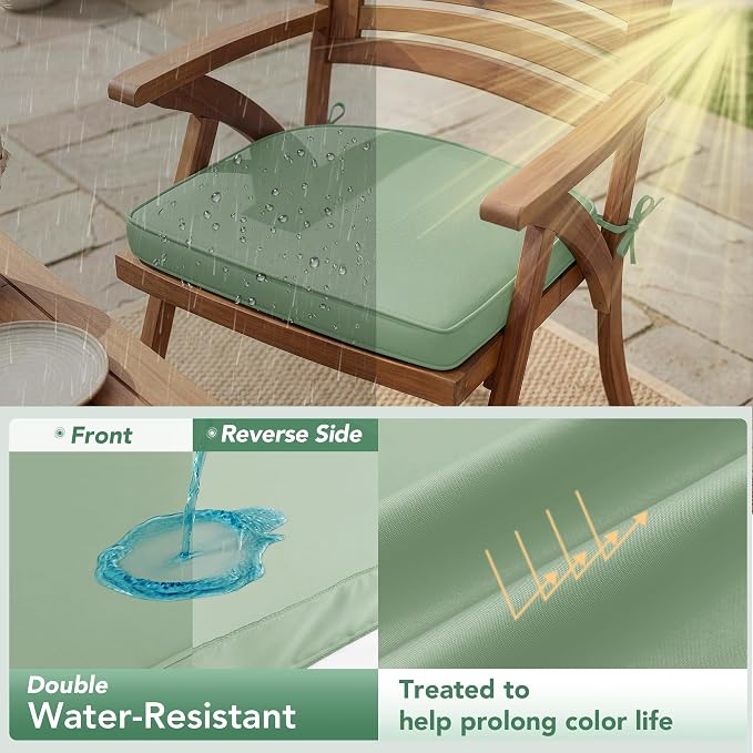 Outdoor Chair Cushions Set of 2: Waterproof & Fade Resistant Patio Furniture Cushions - 18.5 x 16 x 2 Inch Non Slip Round Corner Seat Cushion Pads with Removable Cover for Garden Yard Lawn, Sage Green
