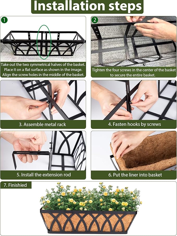 LCHUANG Deck Railing Planter Window Box - 2 Pack 24 Inch Deck Balcony Rail Planter with Coconut Coir Liner, Fence Metal Hanging Flower Planter Basket Deck Railing Planter Boxes for Outdoor Lawn