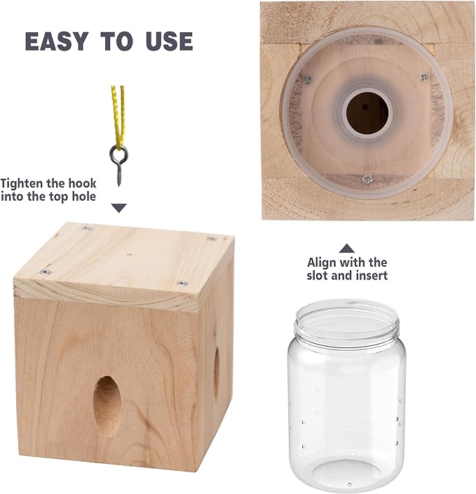 1 PCS Wood Carpenter Bee Trap for Outside - Best Bee Trap - Cube Style Nature Hanging Carpenter Bee Traps Plastic Jar Outdoor - Insect Traps