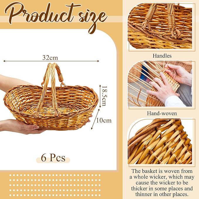 Sintuff 6 Pcs Wicker Picnic Basket with Handle Garden Harvest Empty Easter Eggs and Candy Basket Oval Willow Woven Storage for Organizing, Fruit Egg Storage Gathering Wedding Gifts (Natural)
