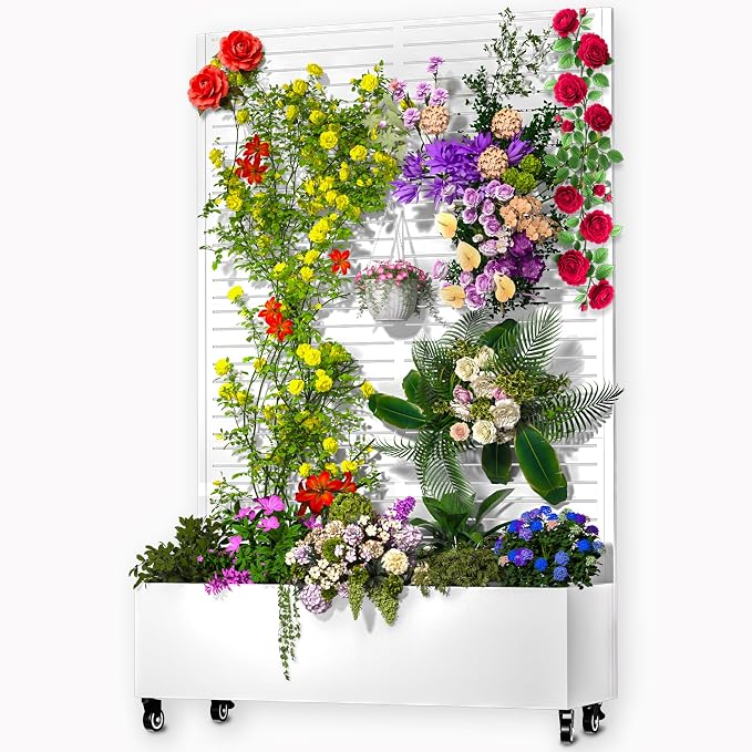 MTART Metal Planter Box with Trellis, 72.1"x47.2"x16" Outdoor Galvanized Raised Garden Bed with Privacy Screen & Drainage Holes & Lockable Casters for Climbing Plants, Vegetable (White-Louvered)