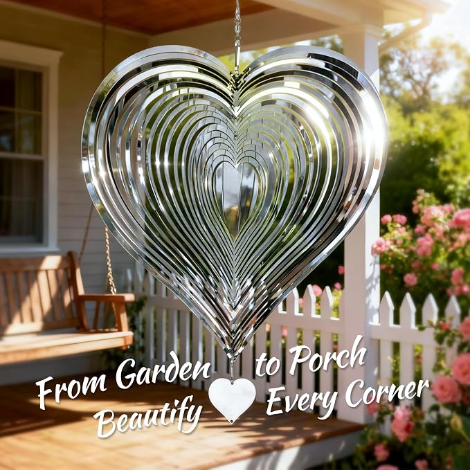 Wind Spinner Garden Decor, for Women, Gifts for Grandma and Mom, 3D Heart 12-Inch Stainless Steel Hanging Yard Spinner for Outdoor & Indoor Metal Decoration, 1 Pack