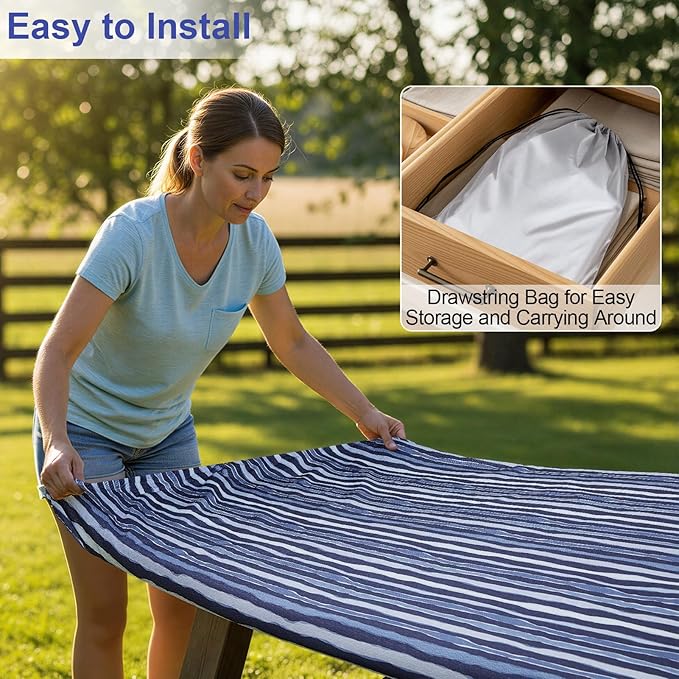 Picnic Table Cover with Bench Covers Camping Essentials Waterproof Windproof Camping Tablecloth with Drawstring Bag, Fitted Rectangle Tables and Seats, 72in, Navy Blue Stripes