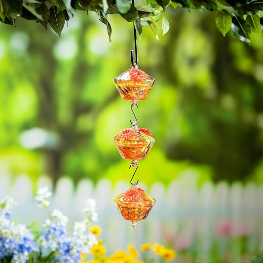 Evergreen Garden Set of 3 Art Glass Hanging Chained Hummingbird Bird Feeder - Fade and Weather Resistant Indoor/Outdoor Decoration for Homes, Yards and Gardens (Yellow & Red)