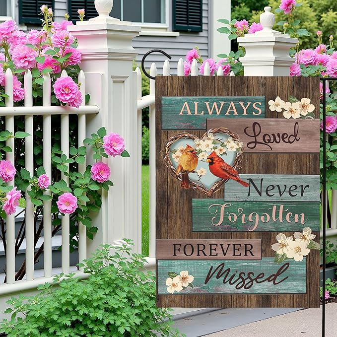 Cardinal Memorial Garden Flag Always Loved Never Forgotten Forever Missed Spring Summer Remembrance Yard Flags Red Bird Sympathy Outdoor Decor House Banner Double Sided 12x18 Inch Lawn Porch