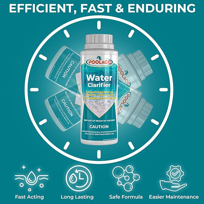 POOLACC Water Clarifier for Spa Hot Tub or Pool- Clears Cloudy Water, Improves Filter Efficiency, Keeps pH Balanced - Highly Concentrated Chemical Water Clarifier for All Spas, Hot Tubs & Pools -32 oz