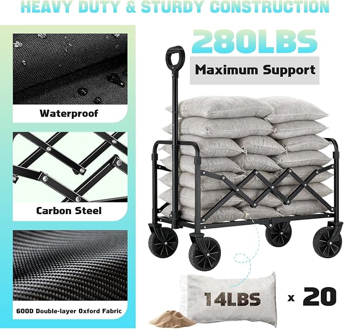 Collapsible Wagon Cart with Wheels Foldable - Lightweight 280LBS Heavy Duty Folding Utility Portable Beach Wagon with All-Terrain Wheels for Groceries Shopping Garden Sports Camping