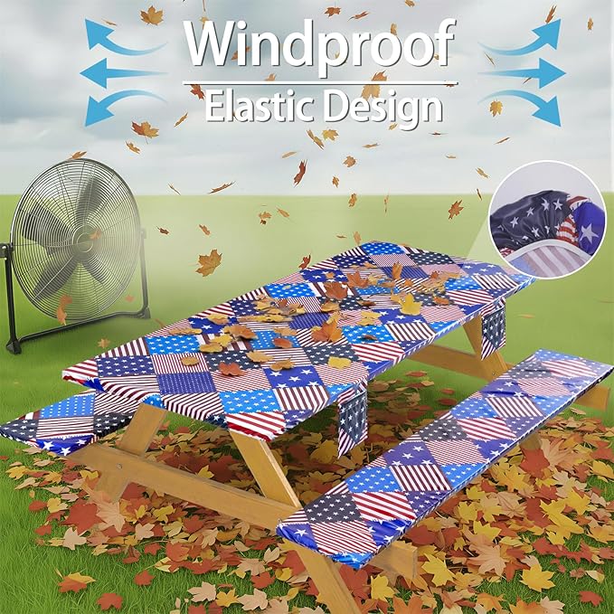 Fitted Waterproof Picnic Table Cover with Bench Covers Elastic 96×30Inch Weather Proof Non Slip Camping Table Clothes for 8Feet Rectangle Tables Campers Summer Fall Travel Hiking Tools Gifts