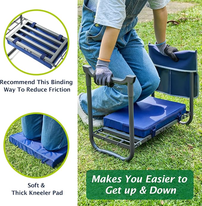 ikkle Garden Kneeler and Seat, Gardening Stool with Thicken & Widen Soft Kneeling Pad, Heavy Duty Foldable Gardener Stool with Tool Pouch, Gift for Gardeners, Holds 838LB+