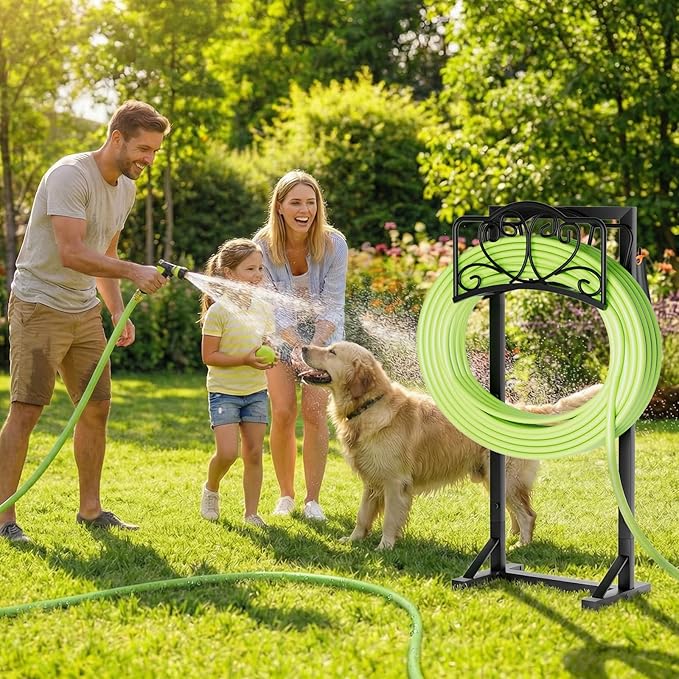 Garden Hose Holder with Tool Hooks and Stable Base, Heavy-Duty Garden Hose Storage Metal Hose Hanger Holds 160Ft, Rustproof Freestanding Water Hose Holder for Outside, Yard, Lawn, Farm, Black