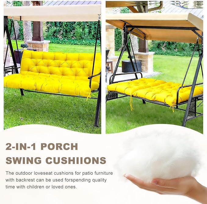 Porch Swing Cushion with Backrest, Waterproof Bench Cushion for Outdoor Furniture, 2-3 Seater Replacement Thickened Swing Cushion with Ties, Patio,Outdoor, Backyard and Garden (Yellow,47x40in)