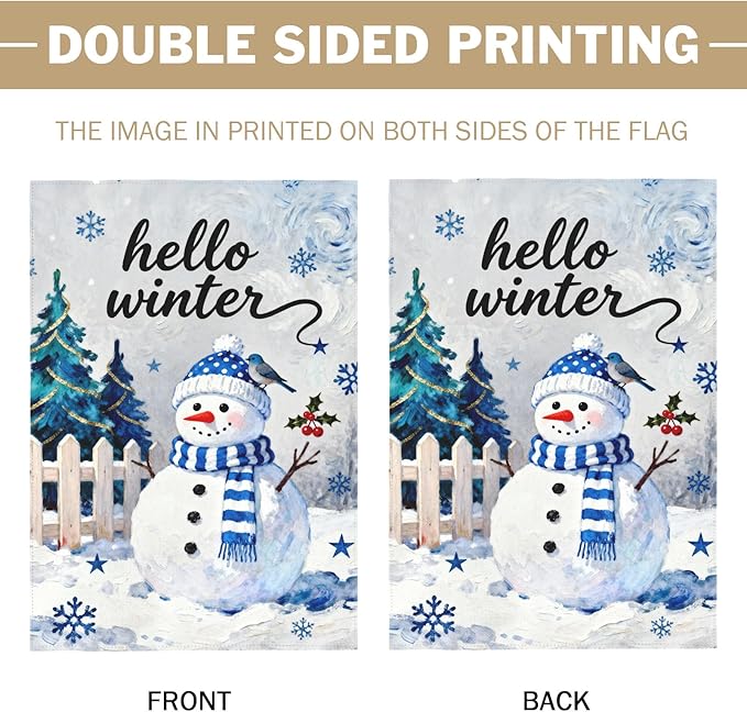 Hello Winter Snowman House Flag 28x40 Inch Snowflake January Decorative Garden Flags for Outside Double Sided Christmas Holiday Seasonal Outdoor Home Farmhouse Decoration Yard Porch New Year Decor