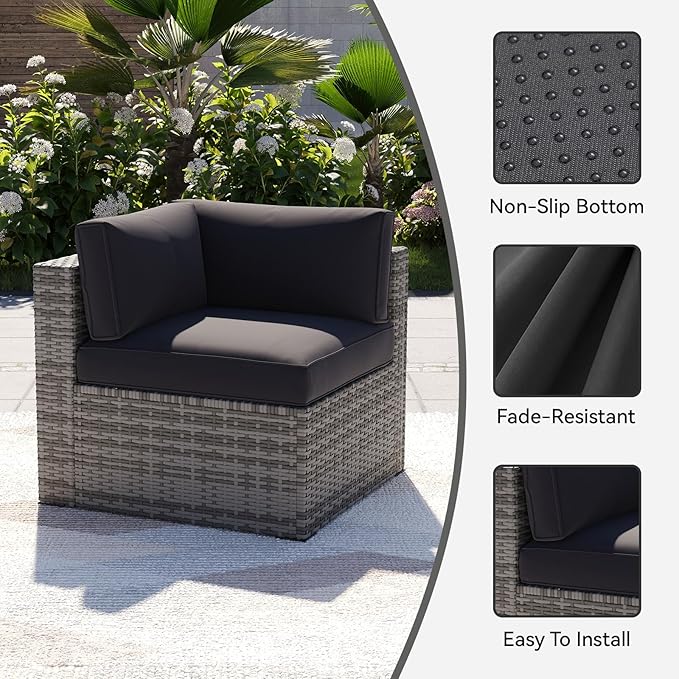 Aoxun 14pcs Patio Cushion Covers Replacement, Waterproof Outdoor Furniture Cushion Covers with Zipper and Non-Slip Bottom, Patio Sofa Couch 3 Sizes for Patio Sectional, Covers Only (Black)