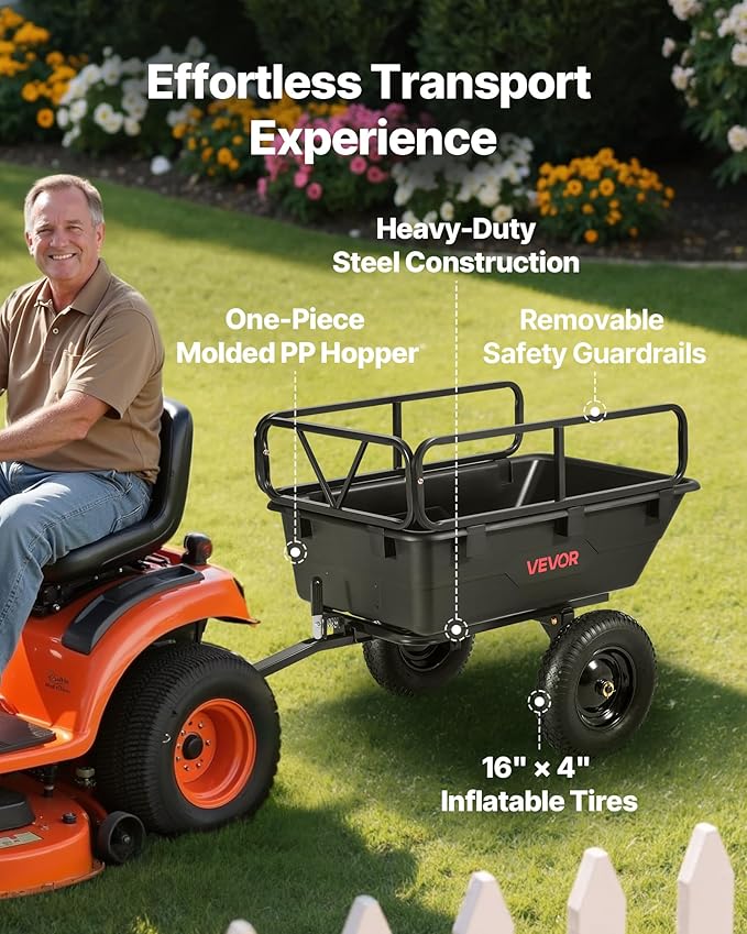 VEVOR 500Lbs 10 Cu.Ft. ATV UTV Trailer Tow Behind Dump Cart, Heavy Duty Pull Behind Utility Dump Trailer for Lawn Mower Trailer Tractor Garden Yard with 16in Tires