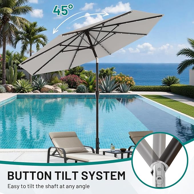 AreShark 9FT Patio Umbrella with Solar Lights, 32 Lighted Pool Umbrella w/Tilt and Crank, Outdoor Market Solar Umbrellas for Garden, Deck, Backyard, Pool and Beach, Light Gray