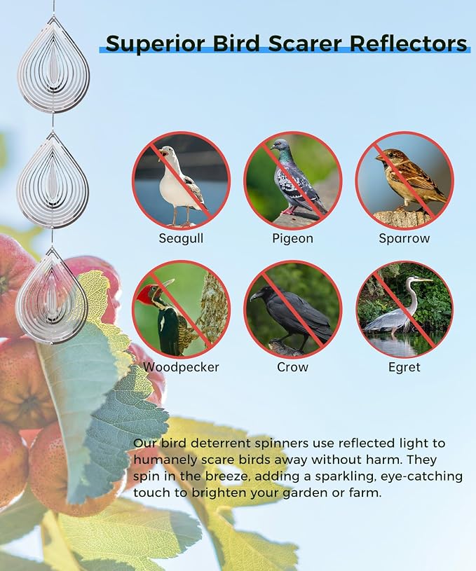 12 Bird Scare Devices Highly Reflective 3D Bird Reflectors, Shiny Bird Deterrents for Outside Patio, Wind Spinners Outdoor Garden Decoy to Keep Birds, Woodpeckers Away from House, Outdoor