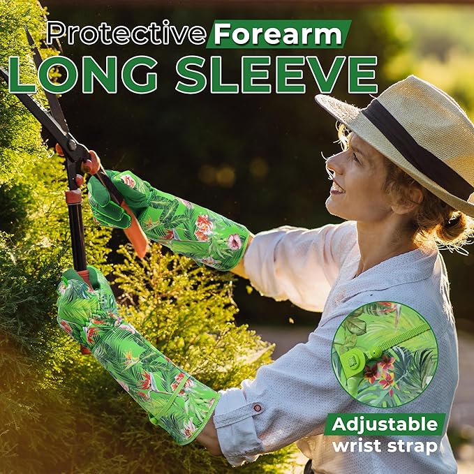 HANDLANDY Women Gardening Gloves, Scratch Resistant Breathable Ladies Rose Pruning Long Gauntlet Floral Print Garden Yard Gloves, Gift for Gardeners (Grass Green, M)