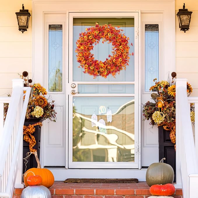 Ammyoo Fall Mums Flowers Artificial Garland for Decoration, 4 Pack 5.9 FT Faux Mums with Eucalyptus Leaves Ivy, UV Resistant Fake Fall Daisy Floral Vine Flowers for Home Garden Wedding Backdrop Decor