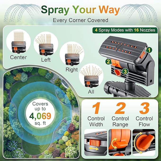 Oscillating Sprinkler with Adjustable Aluminum Riser, 4 Way Lawn Sprinklers for Yard and Garden, 16 Nozzles, Cover up to 4.069 sq. ft Ideal for Watering Different Heights (Spike)