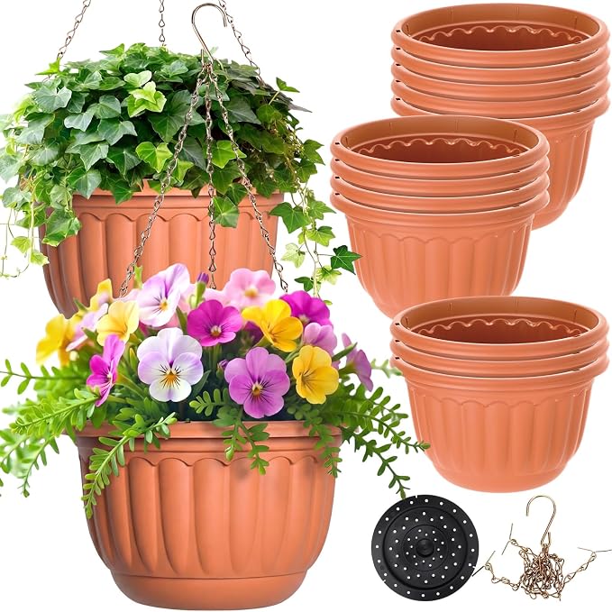 12 Sets Hanging Planters for Indoor and Outdoor Plants Self Watering Hanging Basket Flower Pots Plastic Plant Pots with Drainage Hole and Absorbing Tray(Terracotta,12 Inch)