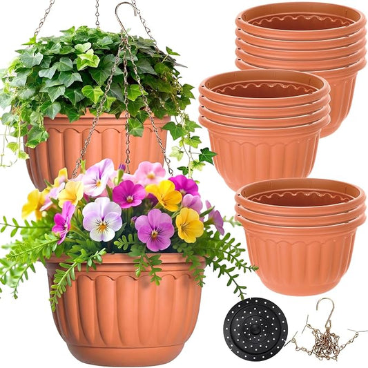 12 Sets Hanging Planters for Indoor and Outdoor Plants Self Watering Hanging Basket Flower Pots Plastic Plant Pots with Drainage Hole and Absorbing Tray(Terracotta,12 Inch)