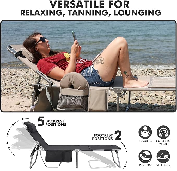 Oversized Extra Wide Tanning Chair with Sun Canopy Face Hole Padded Adjustable Washable, Heavy Duty Layout Folding Lounge Chair for Outside Beach Reading Sunbathing, UPF 50+, XL, Plus Size, 330 LBS