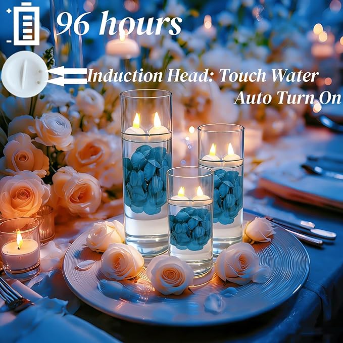24 Pack Flameless Floating Candles and Floating Artificial Flower Led Battery Operated Waterproof Tea Lights for Cylinder Vases Centerpieces at Wedding, Party, Pool Decor Darkblue